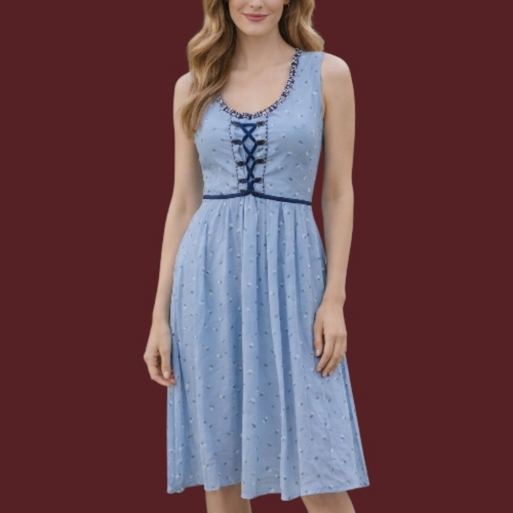 JASAMBAC Icy Blue Floral Lace-up Front Sleeveless Dress